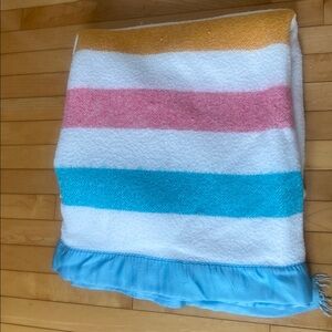 RETRO BEDDING Beaver Chasse Striped Blanket in White/blue/yellow/pink Satin trim